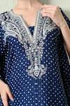 OHH CROW_Navy , Chanderi Embroidery V-neck Printed Kaftan And Pant Set _at_Aza_Fashions