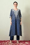 Shop_OHH CROW_Blue Gingham, Chanderi Silk Embroidery, Zari V-neck Bandhani Kaftan And Pant Set _Online_at_Aza_Fashions