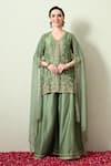 Buy_OHH CROW_Green Chanderi Silk, Organza Embroidery, Zari V-neck Kurta And Sharara Set _Online_at_Aza_Fashions