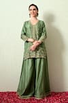 OHH CROW_Green Chanderi Silk, Organza Embroidery, Zari V-neck Kurta And Sharara Set _at_Aza_Fashions
