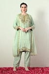 Buy_OHH CROW_Mint Chanderi Silk, Organza Embroidery, Sequins, Zari Round Neck Kurta Set _at_Aza_Fashions