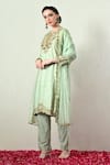 OHH CROW_Mint Chanderi Silk, Organza Embroidery, Sequins, Zari Round Neck Kurta Set _Online_at_Aza_Fashions