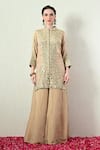 OHH CROW_Beige Tissue, Silk, Organza Mirrors, Embroidery Mandarin Kurta Sharara Set _Online_at_Aza_Fashions