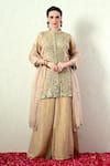 Shop_OHH CROW_Beige Tissue, Silk, Organza Mirrors, Embroidery Mandarin Kurta Sharara Set _Online_at_Aza_Fashions