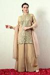 OHH CROW_Beige Tissue, Silk, Organza Mirrors, Embroidery Mandarin Kurta Sharara Set _at_Aza_Fashions