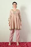 Shop_OHH CROW_Pink Tissue, Silk, Chanderi Silk, Organza Mirrors, Embroidered Peplum Kurta Set 