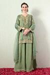 OHH CROW_Green Chanderi Silk, Tissue, Organza Embroidery, Sequins, Zari Kurta Sharara Set _Online_at_Aza_Fashions