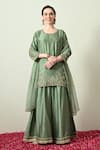 Buy_OHH CROW_Green Chanderi Silk, Organza Embroidery, Zari Round Neck Kurta Sharara Set _at_Aza_Fashions