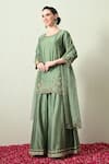 OHH CROW_Green Chanderi Silk, Organza Embroidery, Zari Round Neck Kurta Sharara Set _Online_at_Aza_Fashions