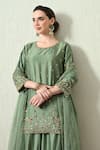 OHH CROW_Green Chanderi Silk, Organza Embroidery, Zari Round Neck Kurta Sharara Set _at_Aza_Fashions
