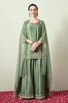 Buy_OHH CROW_Green Chanderi Silk, Organza Embroidery, Zari Round Neck Kurta Sharara Set 