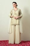 Buy_OHH CROW_Ivory Tissue, Silk, Crinkle, Organza Embroidery, Beads, Kurta Crush Sharara Set _Online_at_Aza_Fashions