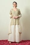 Buy_OHH CROW_Ivory Chanderi Silk, Organza Embroidery, Sequins, Zari V-neck Kurta Set _at_Aza_Fashions