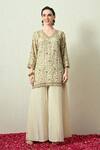 Buy_OHH CROW_Ivory Organza Embroidery, Zari V-neck Kurta Sharara Set _Online