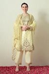 Buy_OHH CROW_Yellow Silk, Organza Embroidery, Sequins, Zari Keyhole Neck Raw Kurta Set _at_Aza_Fashions