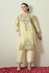 Shop_OHH CROW_Yellow Silk, Organza Embroidery, Sequins, Zari Keyhole Neck Raw Kurta Set _Online