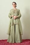 Buy_OHH CROW_Mint Chanderi Silk, Tissue, Organza Embroidery, Sequins, Kurta Sharara Set _at_Aza_Fashions