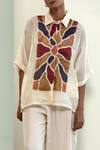 Eeda_Off White Viscose, Silk Patchwork Collared Geometric Shirt And Slip _Online_at_Aza_Fashions