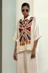 Shop_Eeda_Off White Viscose, Silk Patchwork Collared Geometric Shirt And Slip _Online_at_Aza_Fashions
