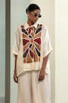 Buy_Eeda_Off White Viscose, Silk Patchwork Collared Geometric Shirt And Slip _at_Aza_Fashions