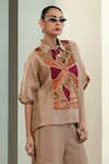 Shop_Eeda_Beige Silk, Viscose Patchwork Collared Geometric Shirt And Slip _Online_at_Aza_Fashions