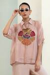 Buy_Eeda_Pink Viscose, Silk Patchwork Collared Hand-patched Floral Motif Shirt _at_Aza_Fashions