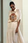 Buy_Eeda_Off White Viscose, Silk Patchwork Collared Floral Shirt With Slip _at_Aza_Fashions