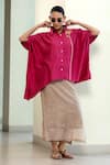 Eeda_Pink Silk Patchwork Collared Asymmetrical Shirt With Embroidery _Online_at_Aza_Fashions