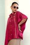Buy_Eeda_Pink Silk Patchwork Collared Asymmetrical Shirt With Embroidery _Online_at_Aza_Fashions