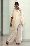 Buy_Eeda_Off White Chanderi, Silk Patchwork, Zari Collared Asymmetrical Booti Shirt _Online_at_Aza_Fashions