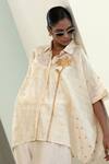 Shop_Eeda_Off White Chanderi, Silk Patchwork, Zari Collared Asymmetrical Booti Shirt _Online_at_Aza_Fashions