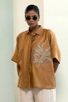 Buy_Eeda_Beige Chanderi Silk Patchwork Collared Kaftan-style Shirt With _at_Aza_Fashions
