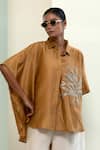 Shop_Eeda_Beige Chanderi Silk Patchwork Collared Kaftan-style Shirt With _Online_at_Aza_Fashions