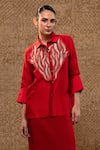 Eeda_Red Patchwork, Metallic Thread, Embroidery Collared Silk Shirt And Skirt Set _Online_at_Aza_Fashions