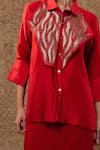 Shop_Eeda_Red Patchwork, Metallic Thread, Embroidery Collared Silk Shirt And Skirt Set _Online_at_Aza_Fashions