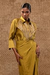 Buy_Eeda_Mustard Embroidery, Patchwork Collared Metallic Silk Shirt And Wrap Skirt _Online_at_Aza_Fashions