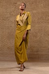Shop_Eeda_Mustard Embroidery, Patchwork Collared Metallic Silk Shirt And Wrap Skirt _Online_at_Aza_Fashions