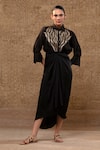 Buy_Eeda_Black Satin Patchwork, Embroidery Collared Metallic Patch Shirt And Knotted Skirt _at_Aza_Fashions