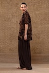 Eeda_Brown Organza, Chanderi, Sequins, Stripe Jacket, Bustier And Pant Set _Online_at_Aza_Fashions