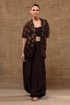 Shop_Eeda_Brown Organza, Chanderi, Sequins, Stripe Jacket, Bustier And Pant Set _at_Aza_Fashions