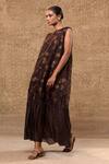 Buy_Eeda_Brown Silk Organza, Silk, Shantoon Applique, Zari-woven Chanderi Flared Dress _Online_at_Aza_Fashions