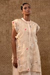 Eeda_Off White Chanderi, Silk Organza Sequins, Applique, Zari-woven Dress And Cape _at_Aza_Fashions