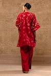 Shop_Eeda_Red Silk Organza, Chanderi Applique, Sequins Split Floral Kurta And Pant Set _at_Aza_Fashions
