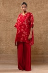 Buy_Eeda_Red Silk Organza, Chanderi Applique, Sequins Split Floral Kurta And Pant Set _at_Aza_Fashions