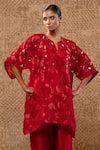 Shop_Eeda_Red Silk Organza, Chanderi Applique, Sequins Split Floral Kurta And Pant Set _Online_at_Aza_Fashions