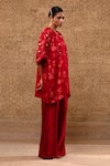 Eeda_Red Silk Organza, Chanderi Applique, Sequins Split Floral Kurta And Pant Set _at_Aza_Fashions