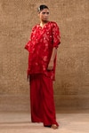 Buy_Eeda_Red Silk Organza, Chanderi Applique, Sequins Split Floral Kurta And Pant Set 