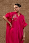 Eeda_Pink Silk Sequins, Chains, Embroidery Collared Sculpted Sleeve Dress _Online_at_Aza_Fashions