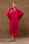 Buy_Eeda_Pink Silk Sequins, Chains, Embroidery Collared Sculpted Sleeve Dress _at_Aza_Fashions