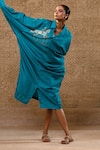 Shop_Eeda_Blue Silk Sequins, Embroidery Collared Sculpted Sleeve Dress _Online_at_Aza_Fashions